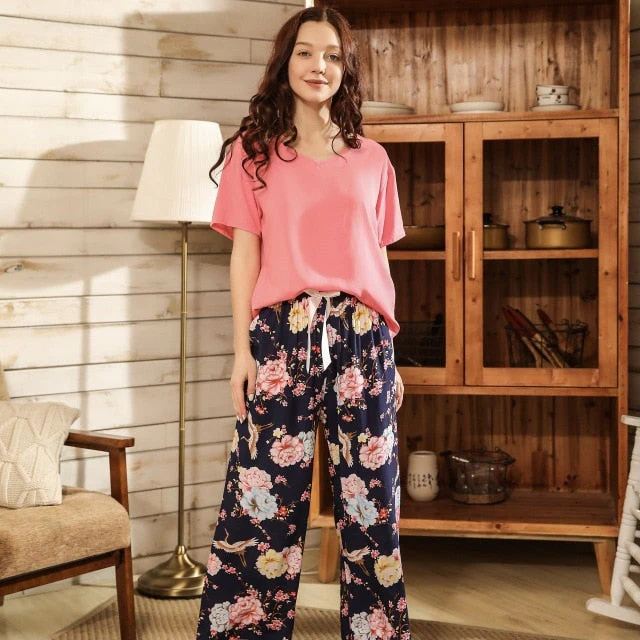 Breathable 2PCS Pajama Short Sleeve Printed Pijama Mujer Femme Loose Nightwear Suit Female Casual Homewear Pajama Set For Women - Deanwangkt
