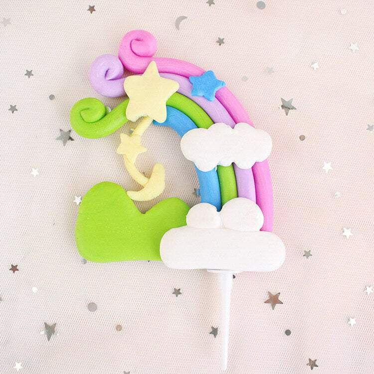 HULIANFU Rainbow Cake Topper Star Cloud Cupcake Decor Sofa Clay Cake Decor Baby Shower One 1st Happy Birthday Party Decor Kids Girl Boy - Deanwangkt