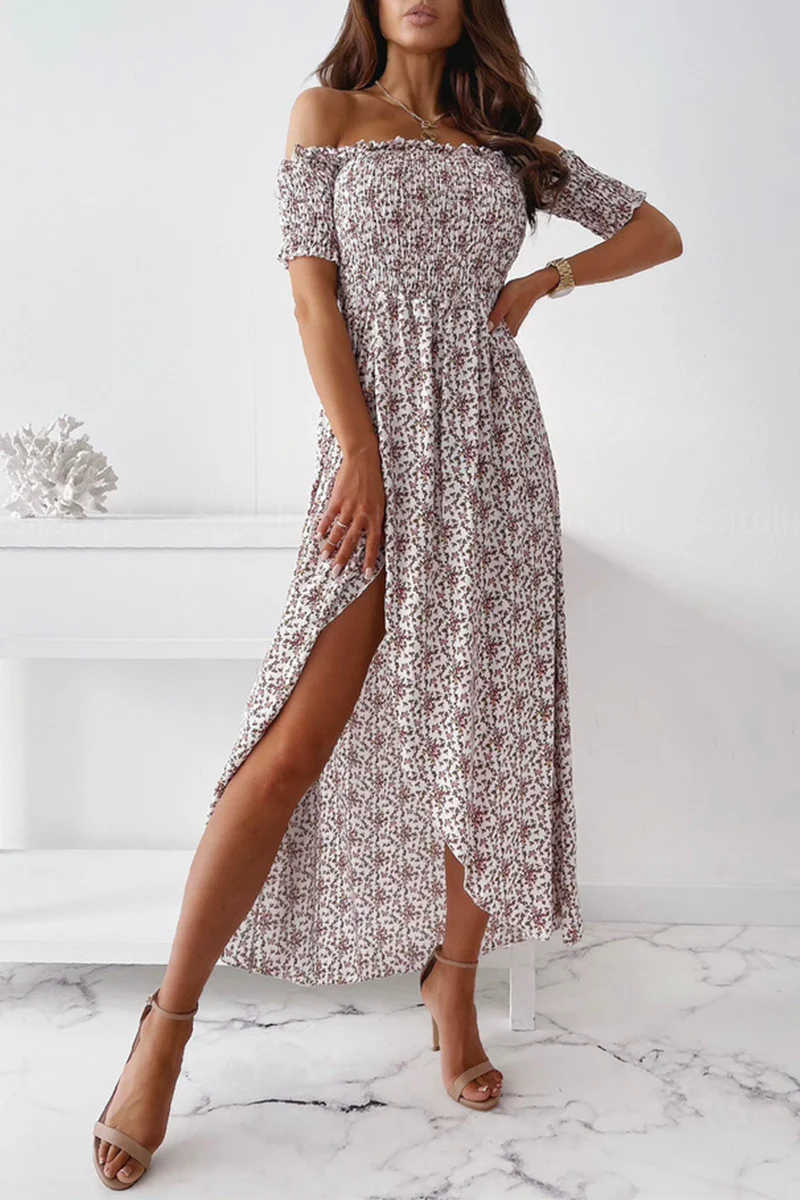 hulianfu Elegant Floral Slit Fold Off the Shoulder Waist Skirt Dresses(5 Colors) - Deanwangkt