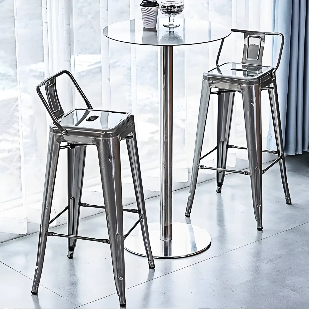Industrial Silver Metal Pedestal Round Bar Tables