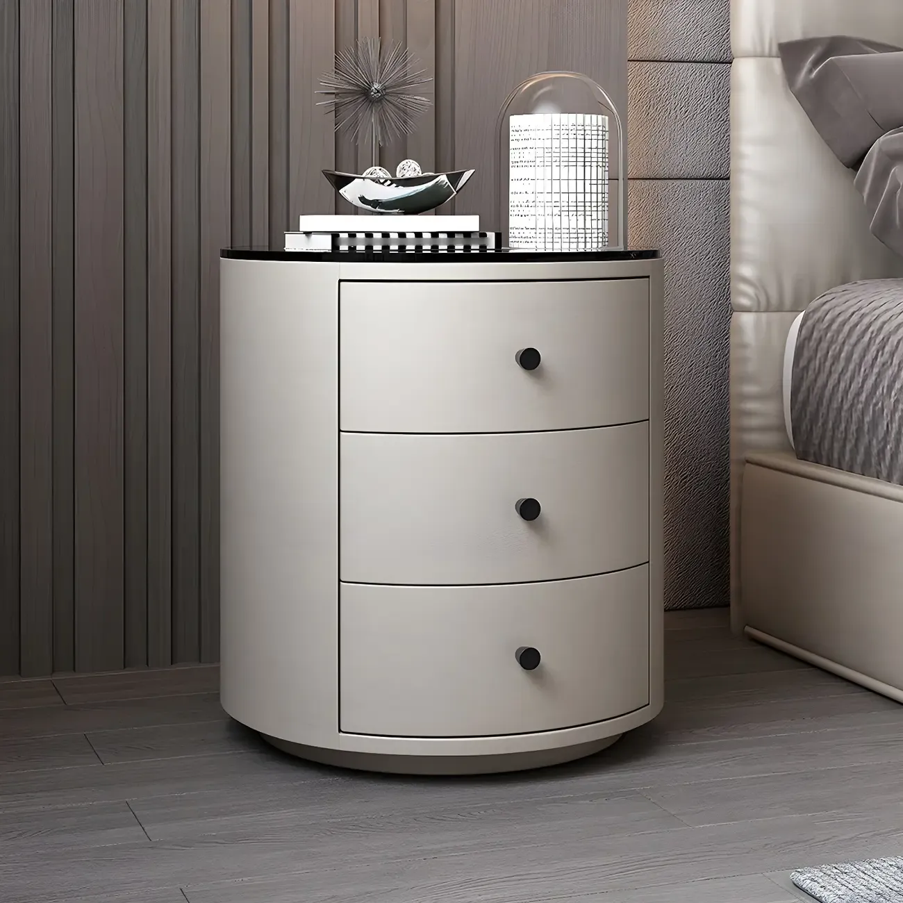 Modern Faux Leather Round Bedside Table with Two Drawers in Grey