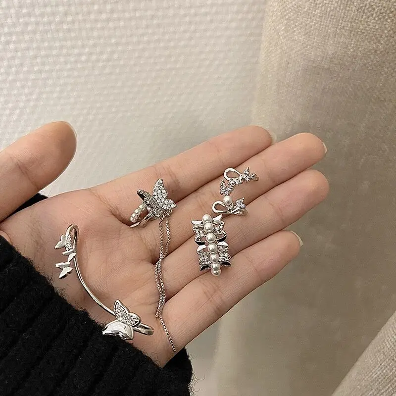 hulianfu Fashion Design Korean Delicate Zircon Butterfly Clip Earrings Women Elegant Pearl No Piercing Cartilage Ear Jewelry - Deanwangkt