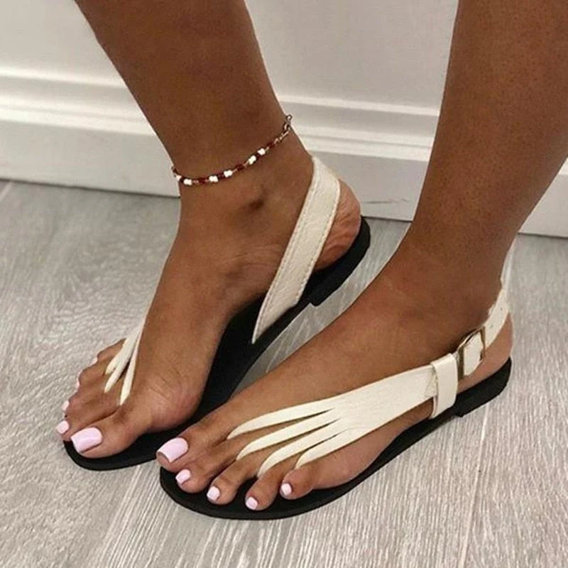 hulianfu Women Sandals Summer New Fashion Low-heeled Shoulder Straps Flat Edge Hollow Thong Sandals Seaside Beach Shoes Plus Size 43 - Deanwangkt