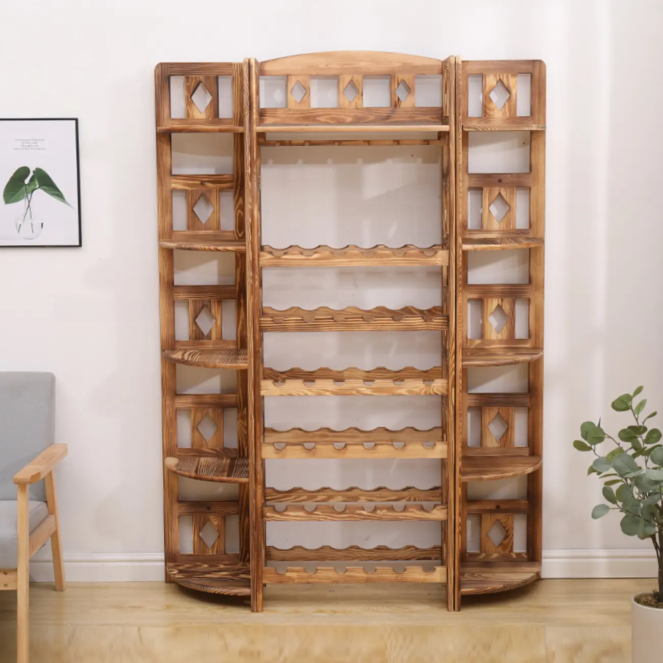 Free Standing Pine Wood Wine Racks with Bar Glass Holder Shelf