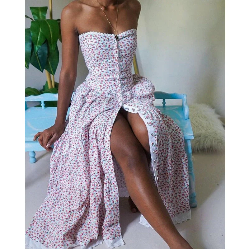 Floral Print Dress Women Sexy Strapless High Waist Elegant Party Dresses Bandeau Lace Trim Button Maxi Dress Fashion Chic Dress - Deanwangkt
