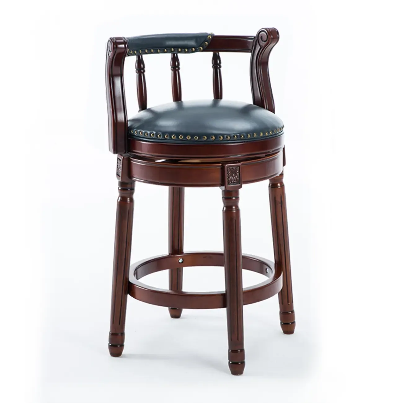 Swivel Counter Height Bar Stools in Genuine Leather & Walnut Solid Wood
