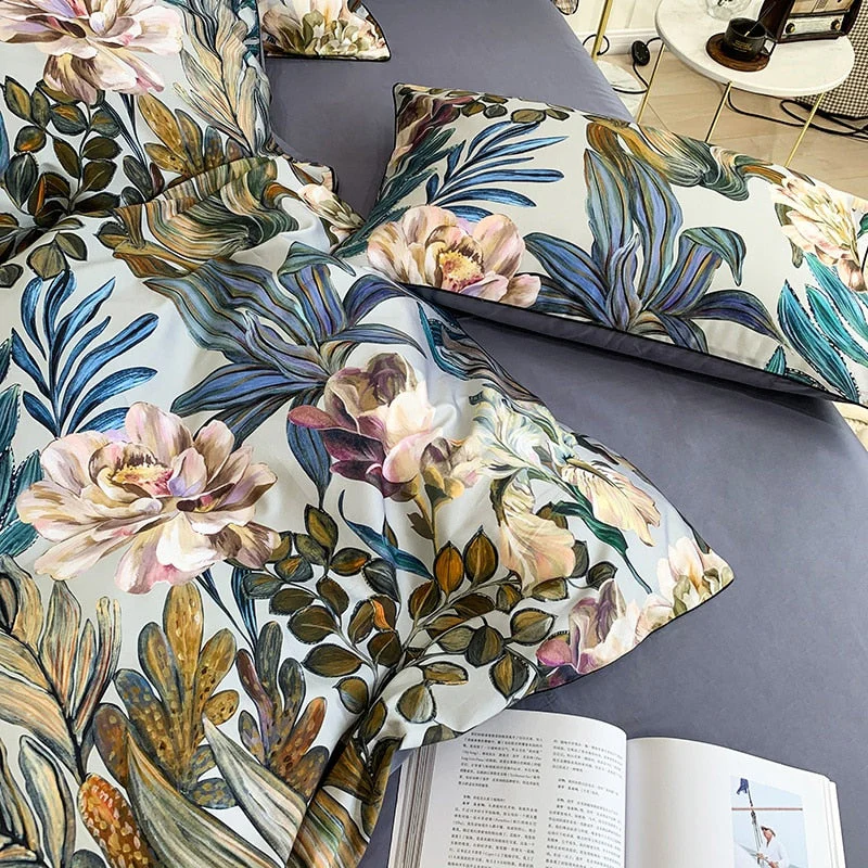HULIANFU Tropical Leaves Flowers Duvet cover set Silky Soft 100%Egyptian Cotton Bedding set Queen King Bed sheet Quilt Cover Pillowcases - Deanwangkt