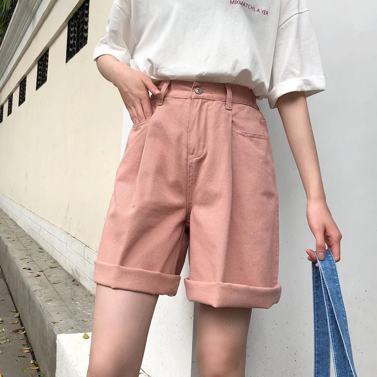 Flectit Bermuda Shorts Women High Waist Wide Leg Soft Denim Shorts Summer Student Girl Casual Outfits - Deanwangkt
