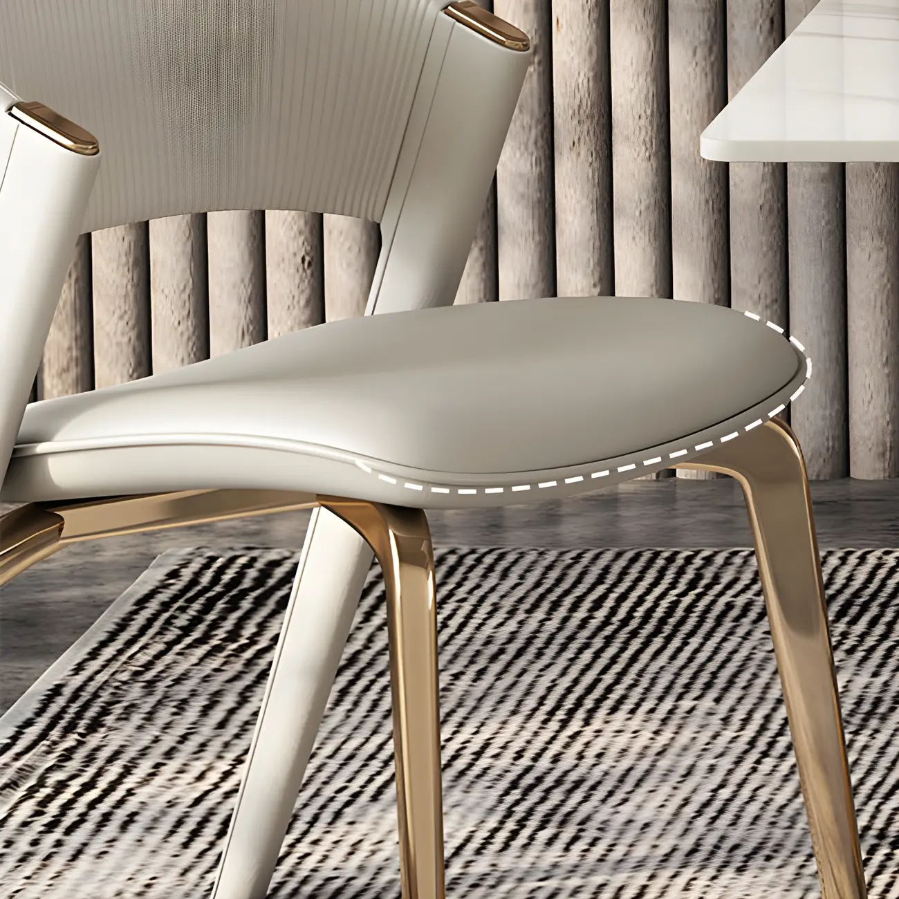 Off-White Faux Leather Brass Legs Dining Chair