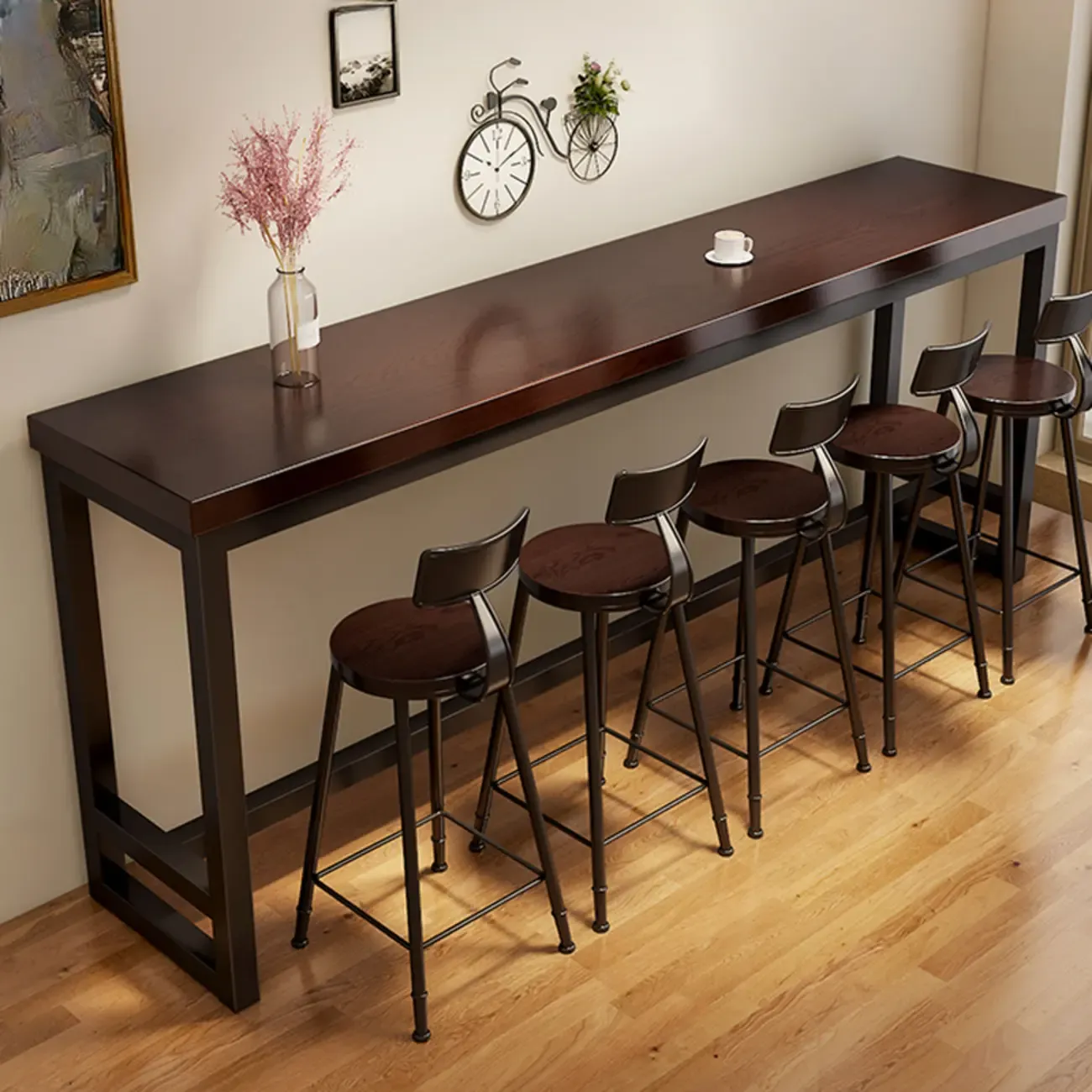 Simple Brown Black Wooden Trestle Bar Tables