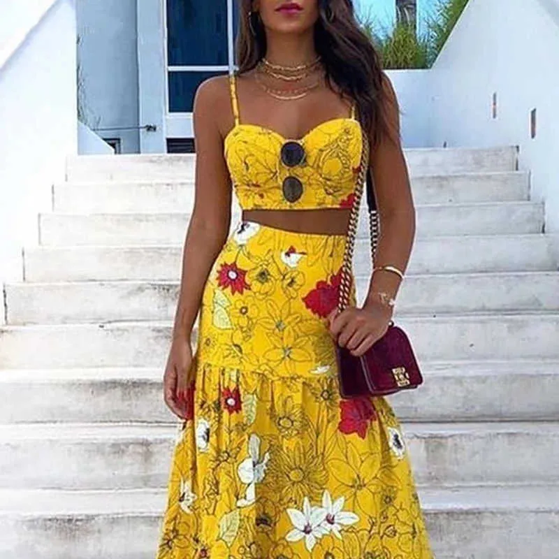 Two Piece Dress Floral Print Summer Dresses For Women  Two Piece Skirt Set Spaghetti Strap Crop Top And Maxi Long Skirt Party 2 Piece Sets T230113 - Deanwangkt