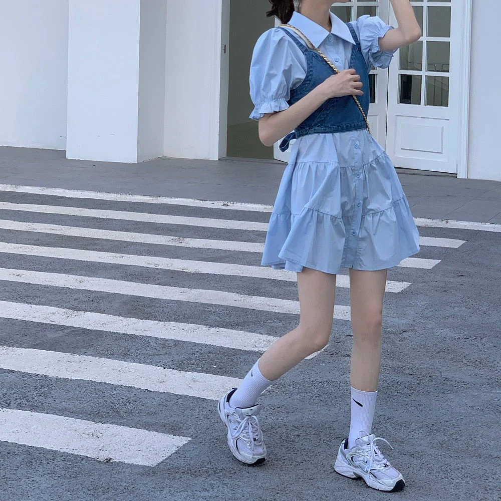 2 Piece Set Women Summer High Waist Dress Denim Camisole + Mini Dress Elegant Puff Sleeve A-line Dress Vintage Slim Dresses - Deanwangkt