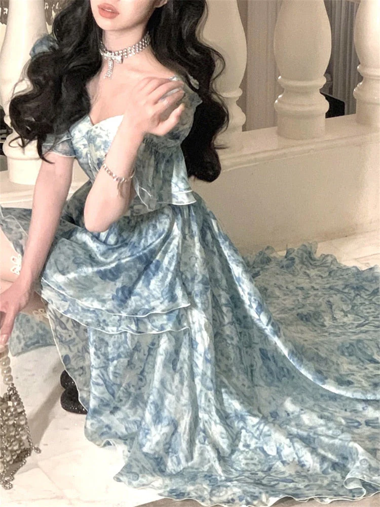 Hulianfu Floral Summer Dress New Fashion Fairycore Puff Sleeve Ball Gown Birthday Dress for Women Short Sleeves Midi Dress - Deanwangkt