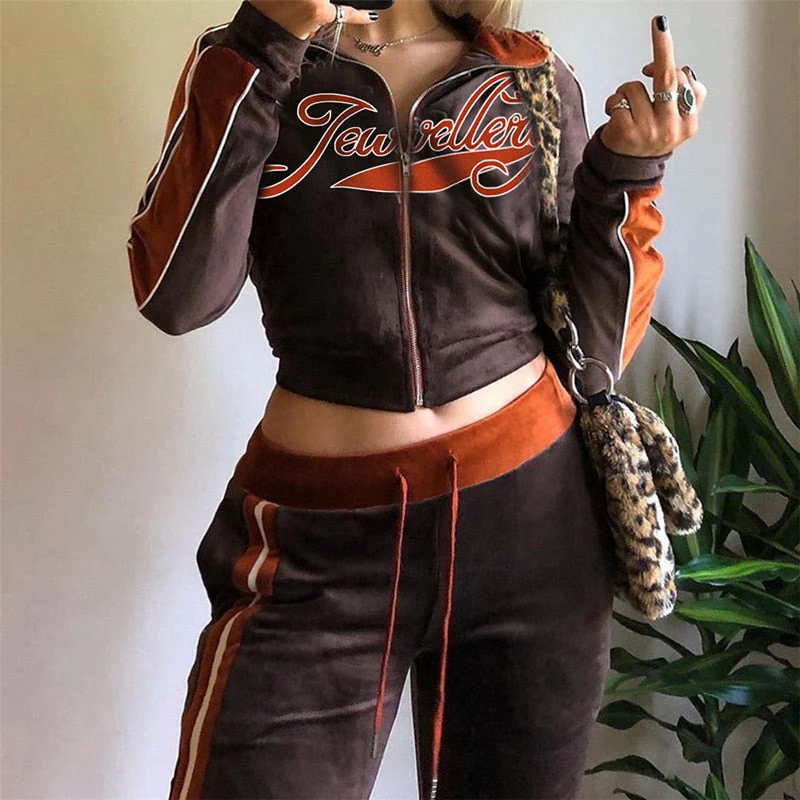 Hulianfu Letter Print Velvet Tracksuit Women 2 Piece Sets Fashion Outfits Female Zipper Sport Activitywear Suits Leisure Streetwear Moda - Deanwangkt