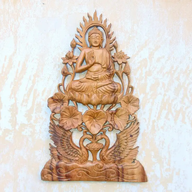 Novica Handmade Teaching Buddha Wood Relief Panel