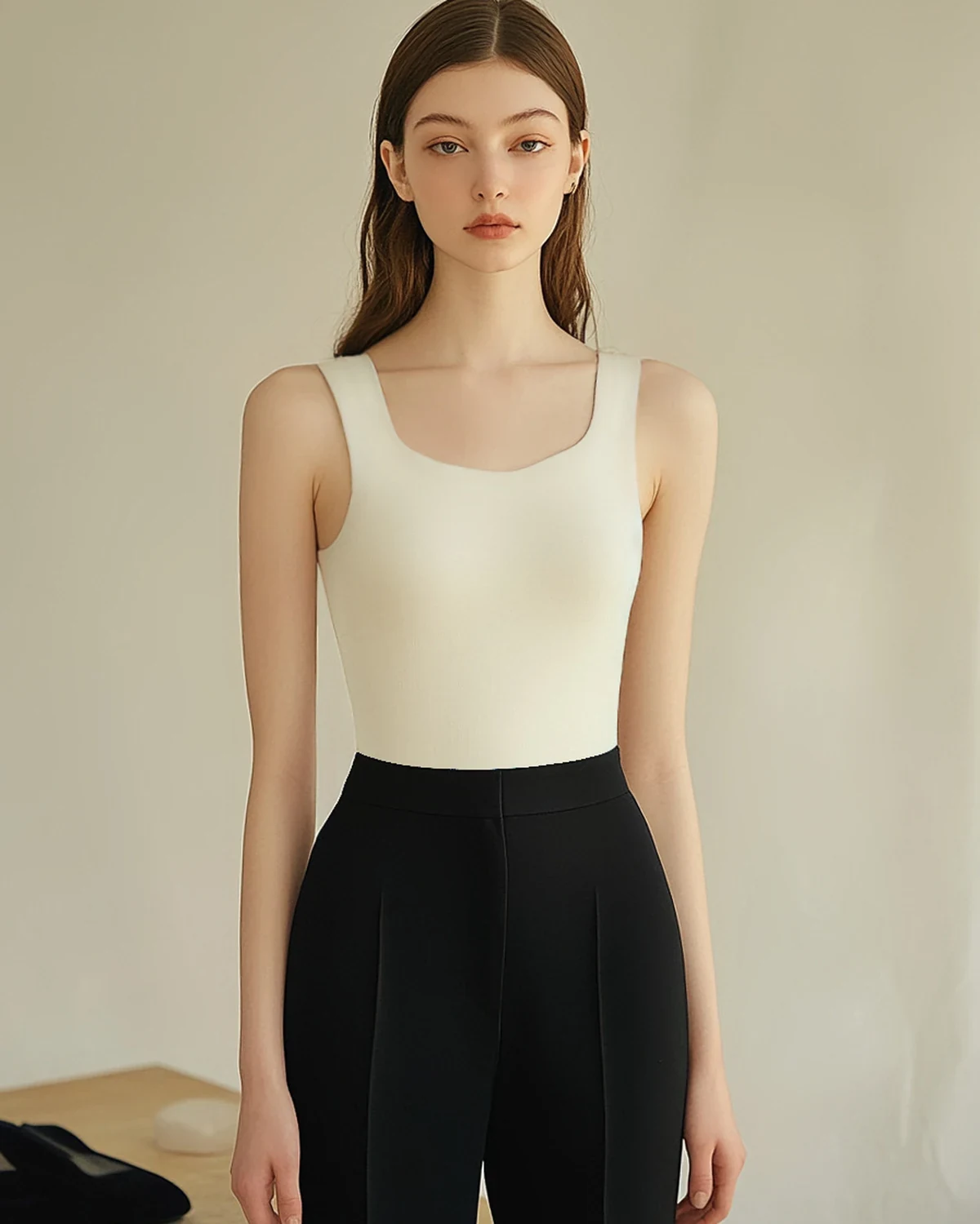 Fall/Winter versatile heat-warming wool-blend square-neck camisole for women, with fixed cups, skin-friendly warmth, and suitable for wearing on its own or as a base layer.