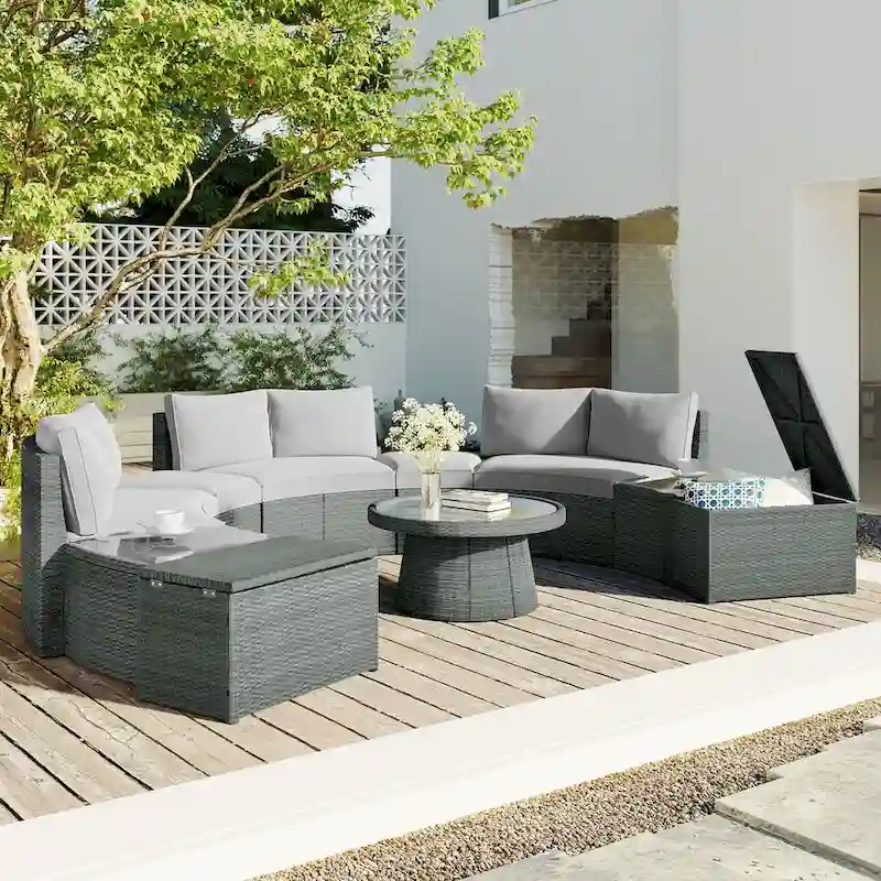 10-Piece Outdoor Rattan Sofa Set with Loveseats, Side Tables, Ottomans, and Storage Boxes, PE Wicker Patio Furniture Set