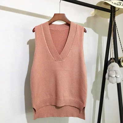 Autumn Women's Sweater Vest V-neck Sleeveless Irregular Casual Loose Knitted Pullover Tops Female Outerwear - Deanwangkt