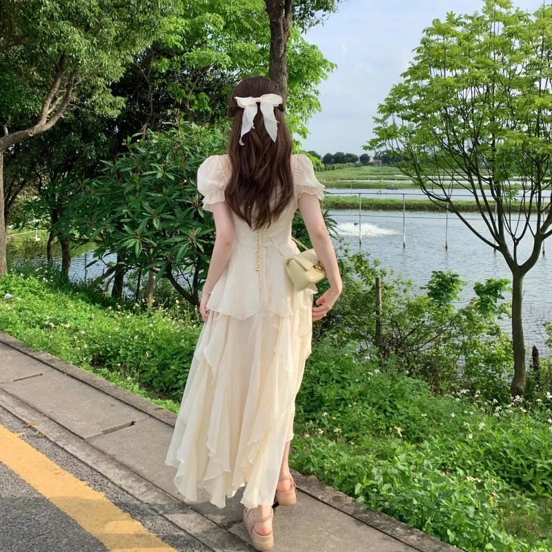 Hulianfu Vinatge Sweet French Midi Dresses Women Casual Short Sleeve Beading Chiffon Dress Elegant Female Party One Piece Dress Korean - Deanwangkt