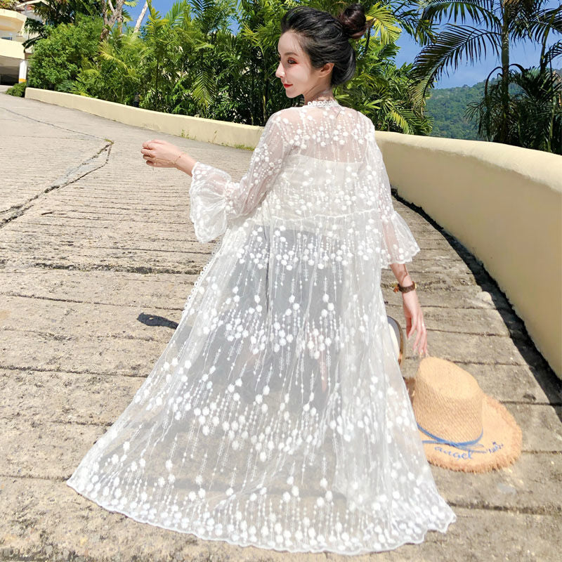 Hulianfu Women Blouse Sun Protection Outerwear Fashion Long Flare Sleeve Mesh Embroidery Thin Loose Party Holiday Maiden Outerwear Sexy - Deanwangkt