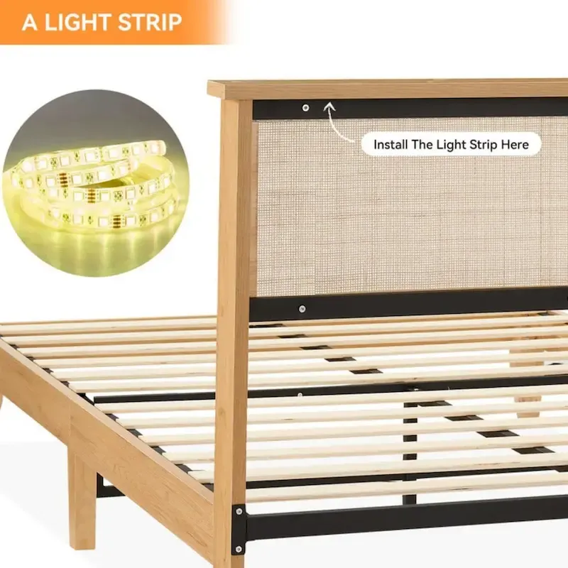 Bed Frame with Natural Rattan
