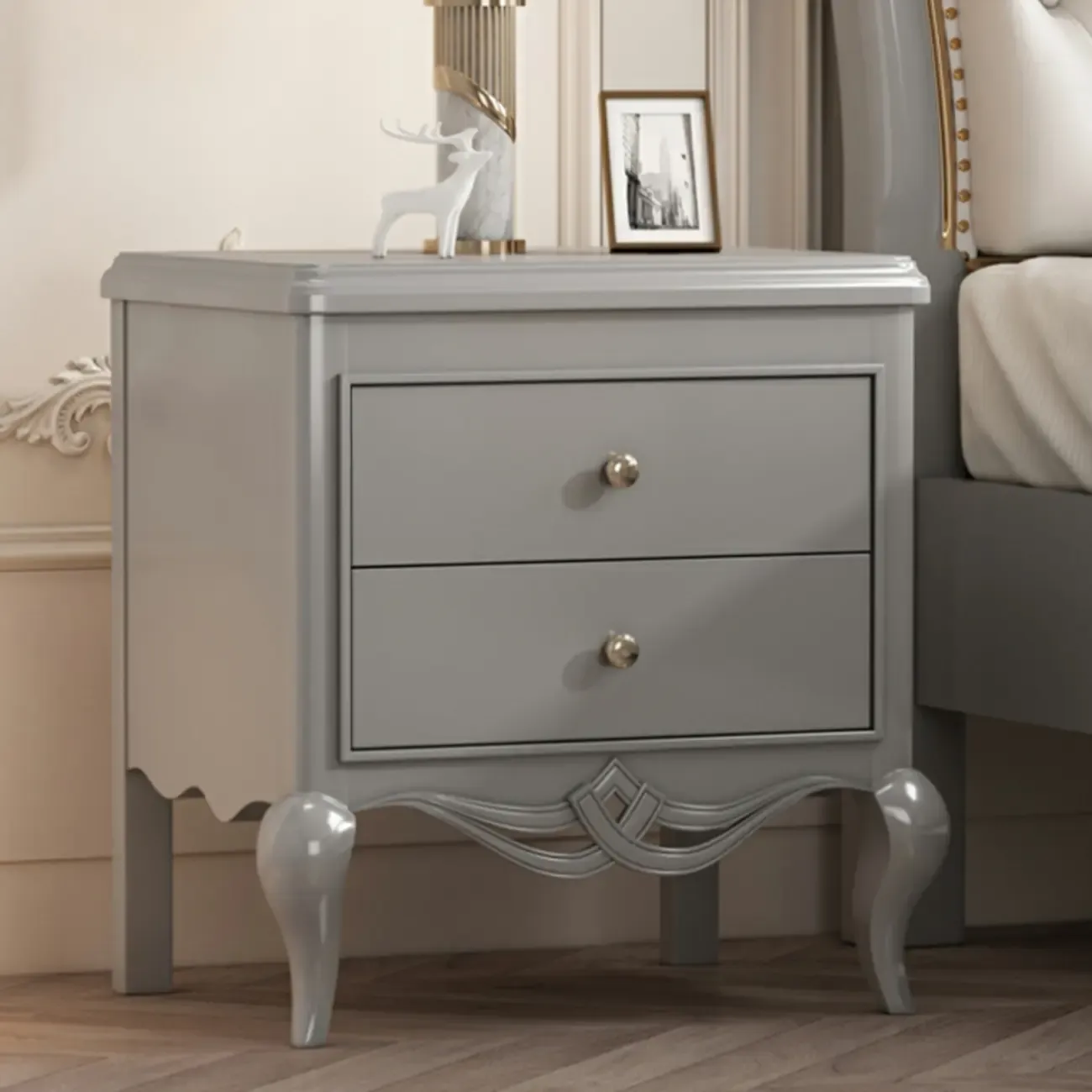 Glam Rubberwood White 2-Drawer Nightstand with Legs