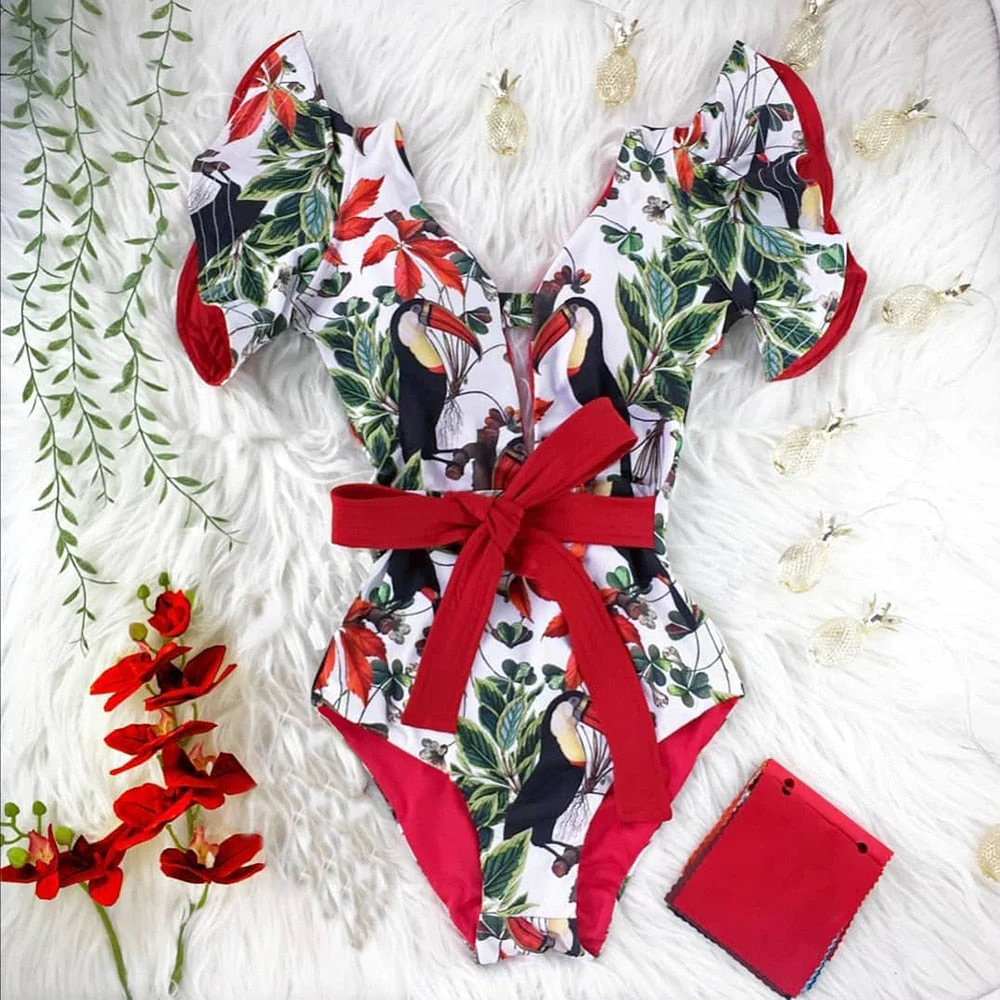 New Sexy Ruffle Print Floral One Piece Swimsuit Off The Shoulder Swimwear Women Solid Deep-V Beachwear Bathing Suit Monkini - Deanwangkt