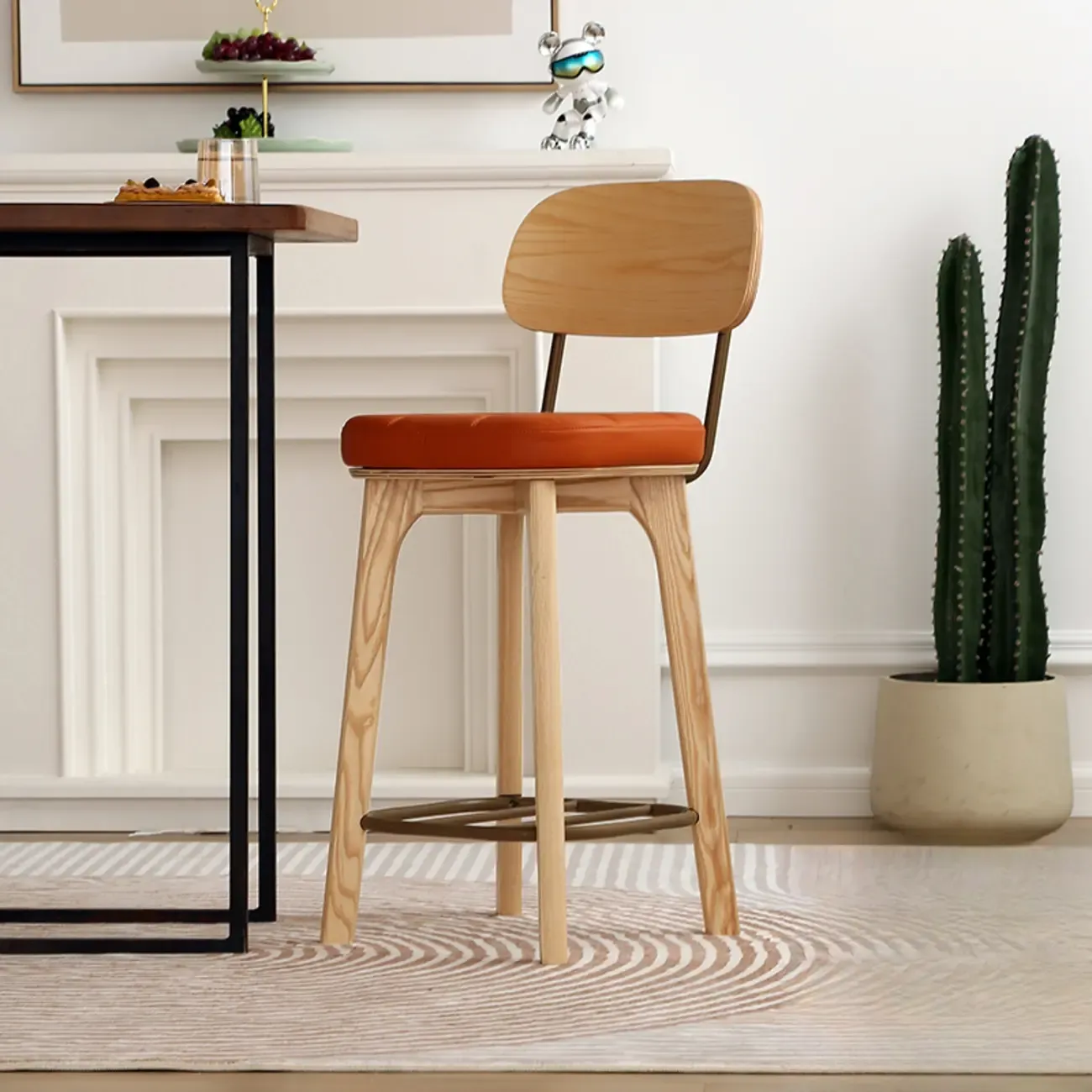 Wooden Square Leather Upholstered Bar Stool with Backrest