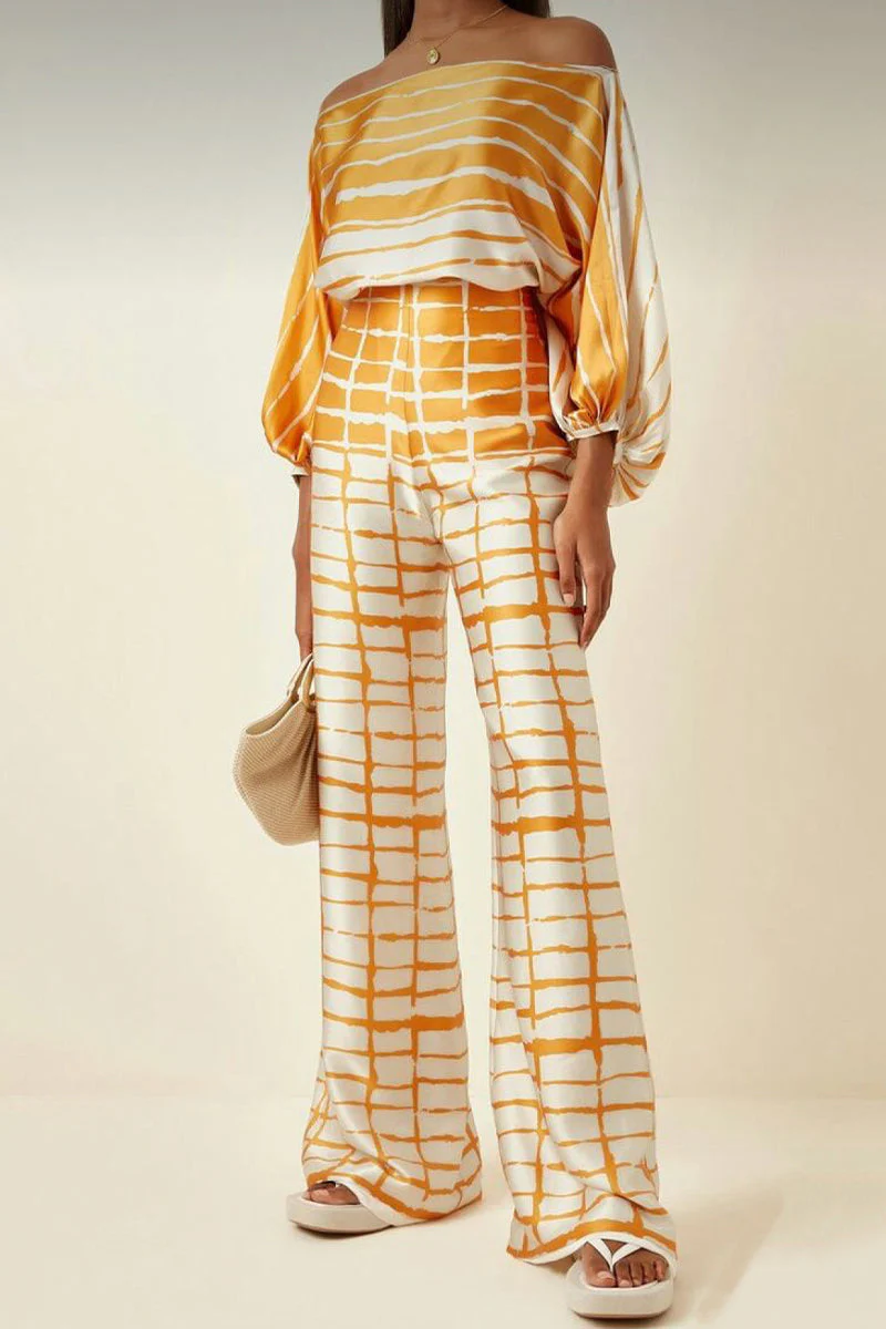 hulianfu Casual Elegant Print Patchwork Off the Shoulder Long Sleeve Two Pieces(13 Colors) - Deanwangkt