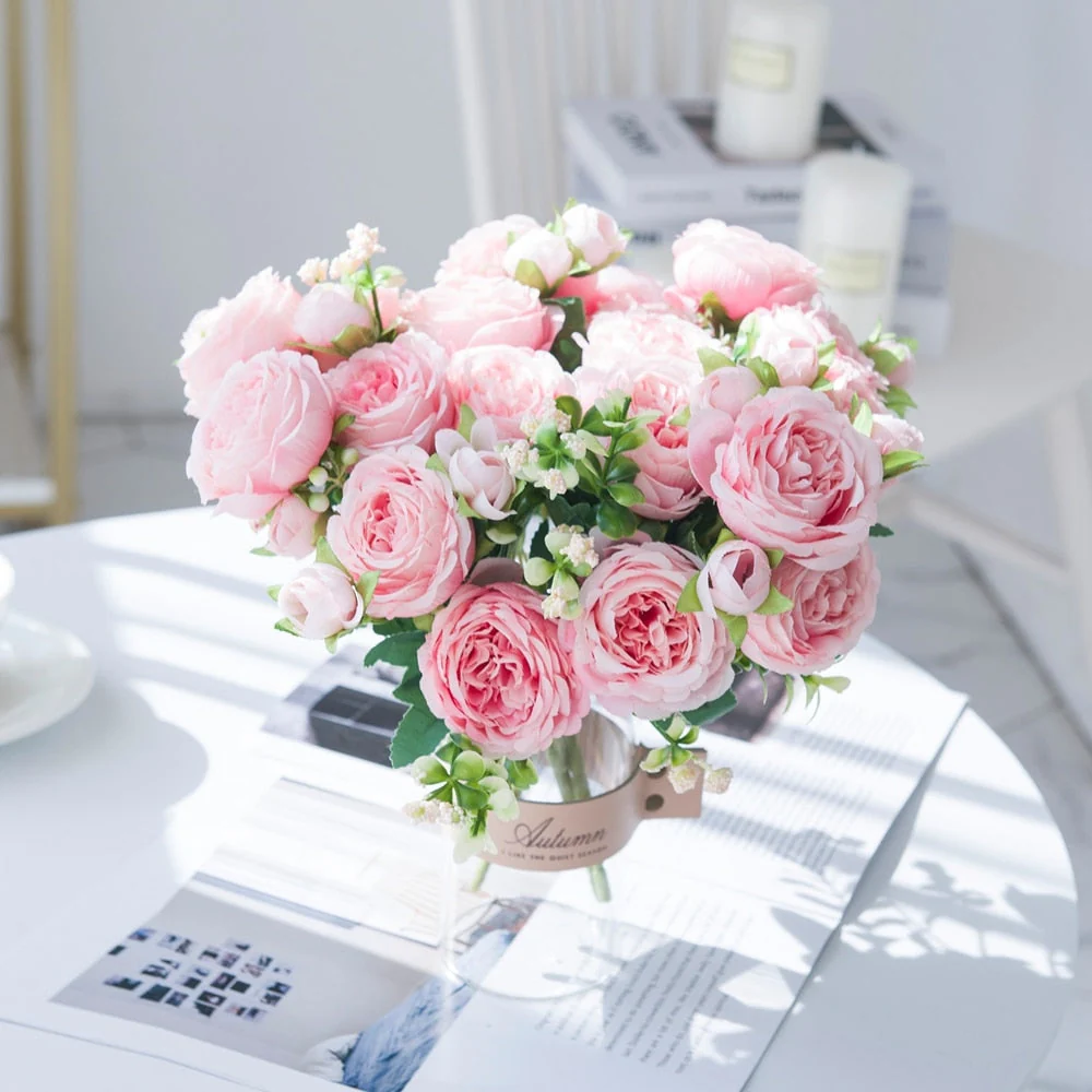 HULIANFU White Roses Artificial Flowers Silk Peonies Wedding Decorative Vases for Home Decor Bride Bouquet Foam Craft Gifts Fake Plants - Deanwangkt