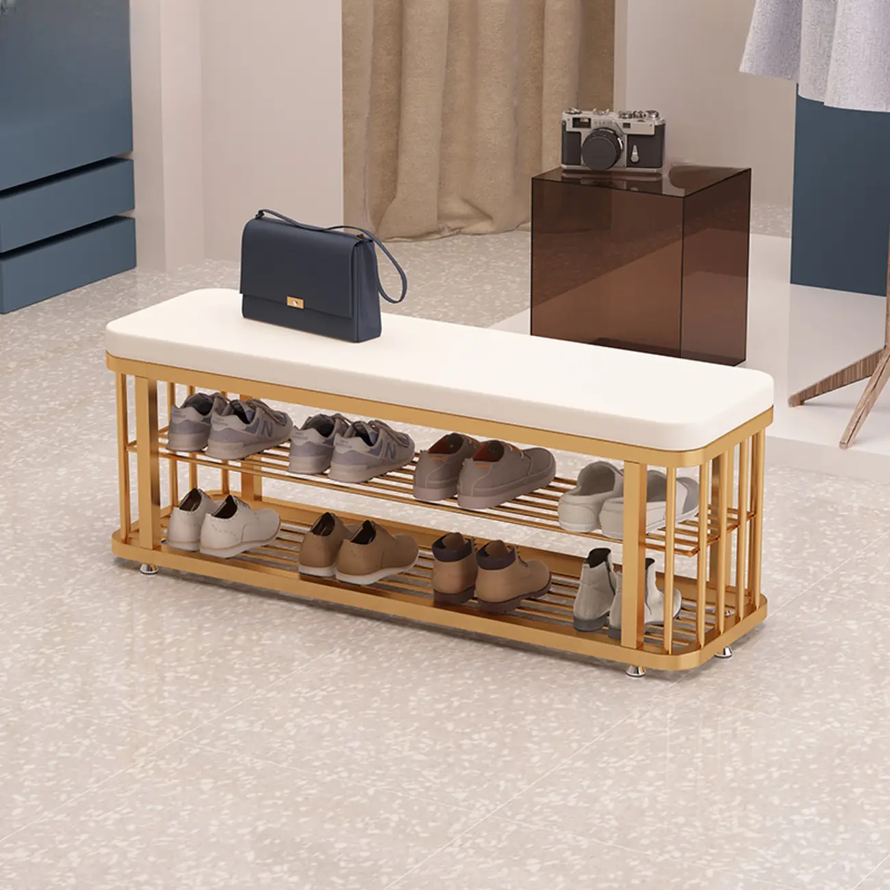 Glam Gold Metal Upholstered Storage Bench for Entryway