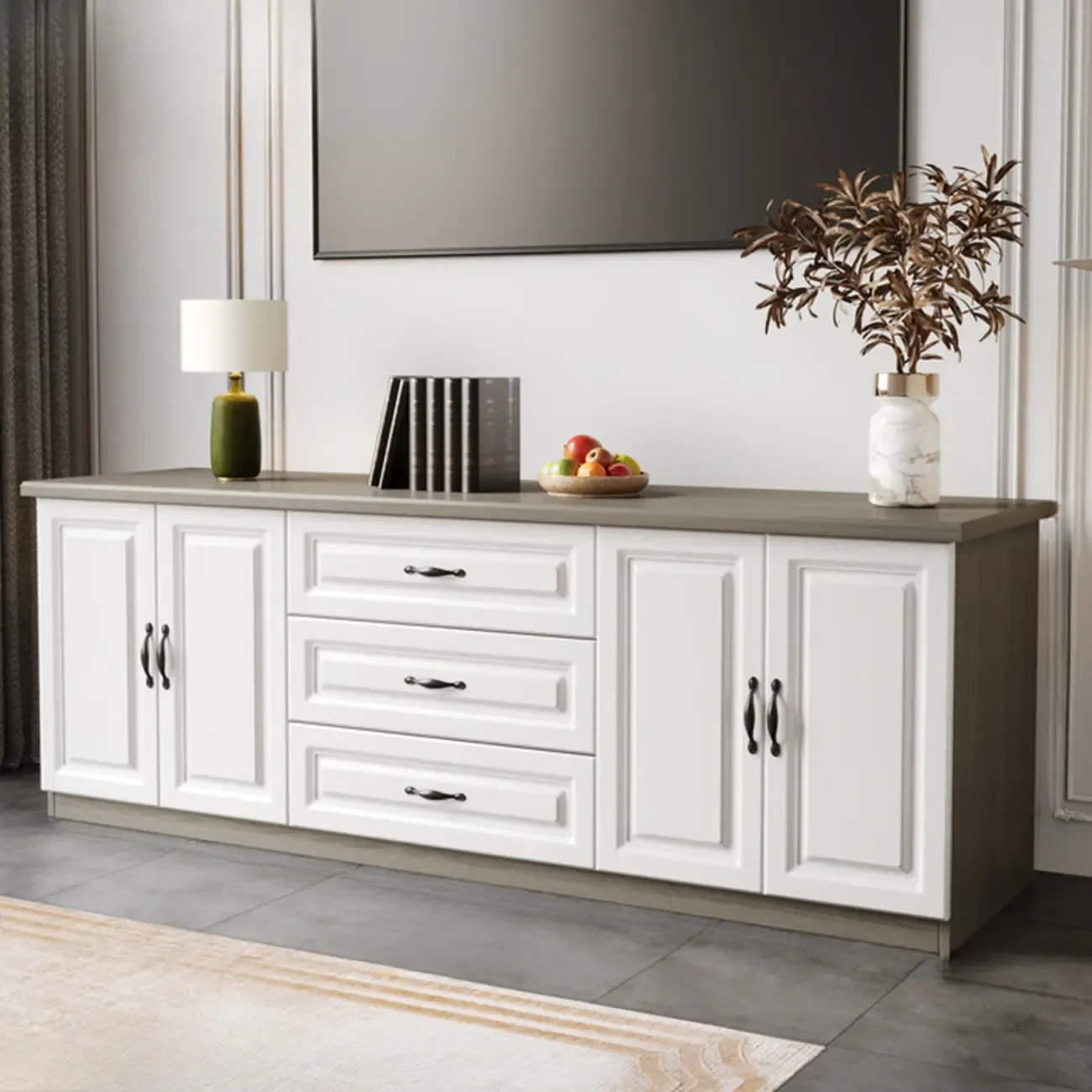 Modern Long Wood TV Stand with Cabinets