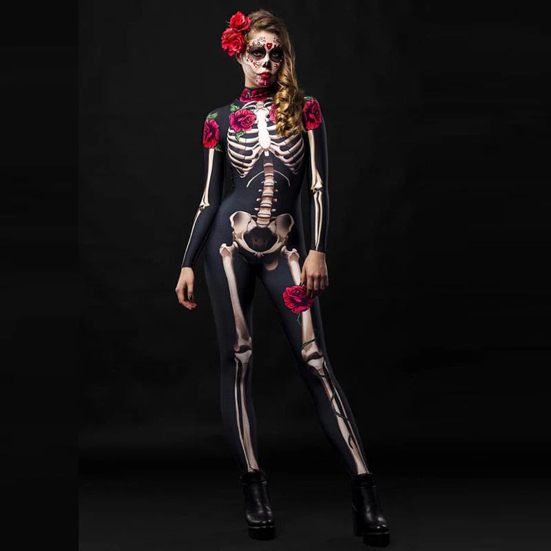HULIANFU Women Cosplay Skeleton Rose Sexy Bodysuit Halloween Devil Ghost Specter Jumpsuit Romper Party Carnival Performance Scary Costume - Deanwangkt