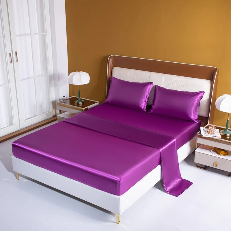 HULIANFU Satin Silk Sheet Set King Size Luxury Rayon Flat Sheet Set Solid Color Bed Sheet Set Single Double Fitted Sheet Set - Deanwangkt