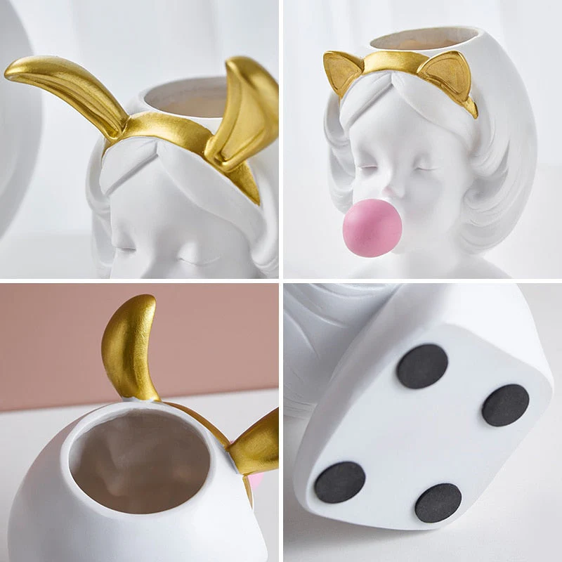 HULIANFU Resin Vase Nordic Modern Home Decoration Cute Girl Blowing Bubbles Decorative Head Carving Flower Vases Pen Holder Vase Flowers - Deanwangkt