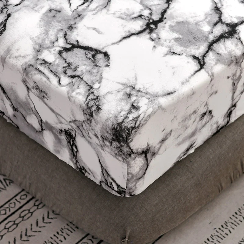HULIANFU Nordic Mirco Fiber Marble Print Fitted Bed Sheet Single Elastic Band Double Bed Linen Home Soft Comfortable King Size Bedsheet - Deanwangkt