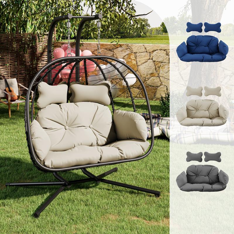 Double Hanging Egg Chair with Cushion, 700lbs Capacity - Foldable Patio Chair with Handwoven PE Wicker & Rust-Proof Frame, for Garden, Porch, Backyard Soft Lounge Swing
