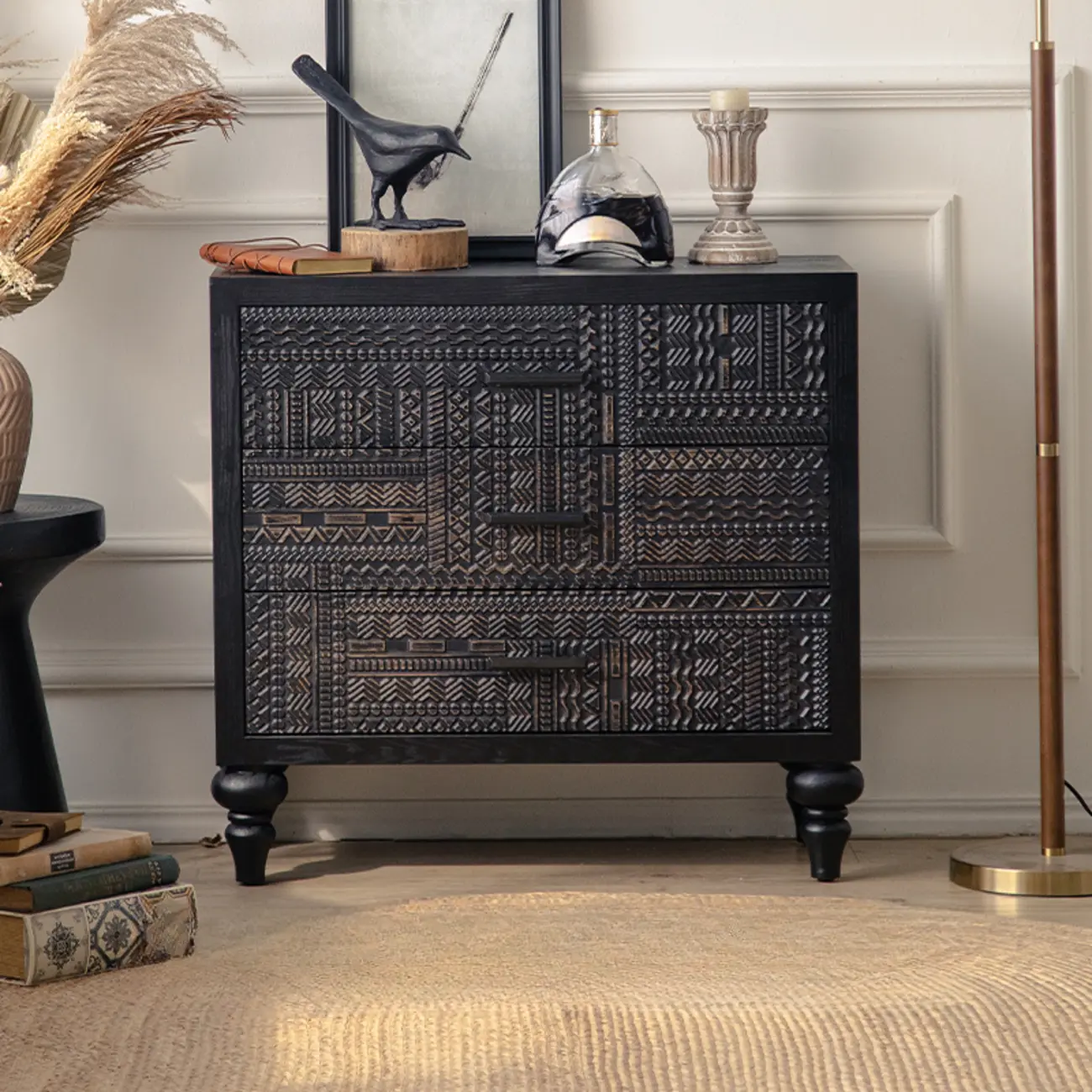 Artistic Pattern Wood Black Cabinet Sideboard in 3-Shelf