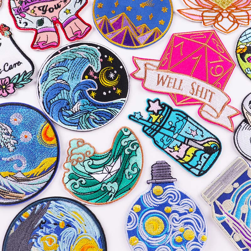 HULIANFU Van Gogh Embroidered Patches on Clothes DIY Cartoon Wave Applique Clothing Thermoadhesive Patches for Clothing DIY - Deanwangkt