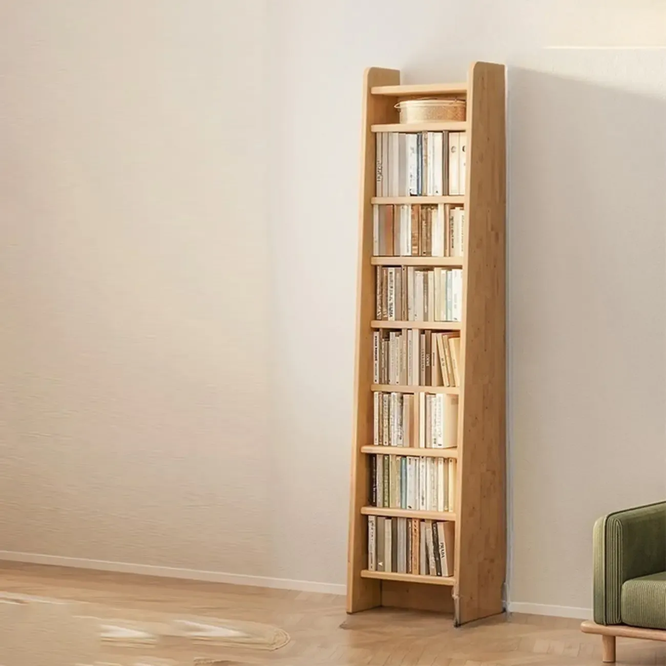 Natural Narrow Multi-Layer Open Back Wooden Bookshelf