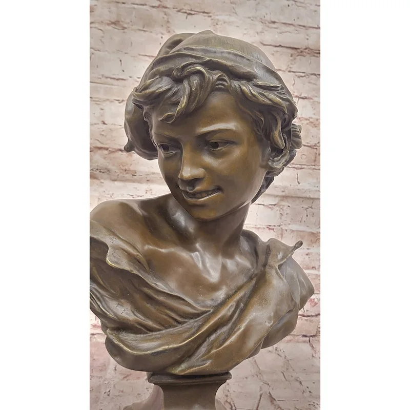 Charming Smiling Boy Bronze Bust Sculpture With Marble Base By Dalou