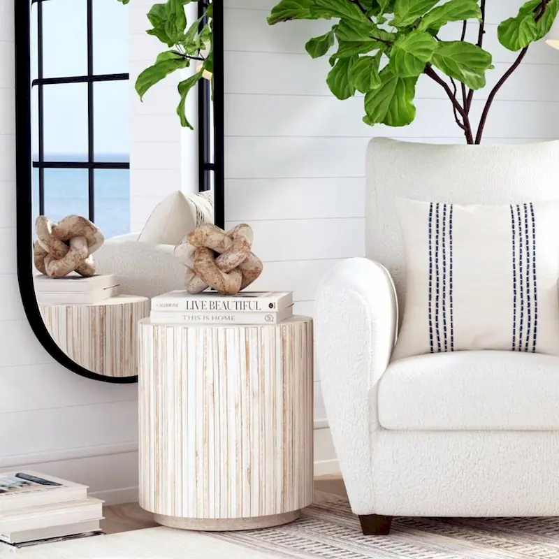 Distressed White Teak Wood Plank Drum Table by