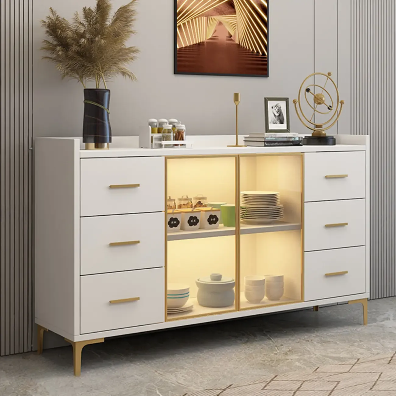 Trendy 6 Drawers White/Black Kitchen Cabinets with Metal Foot