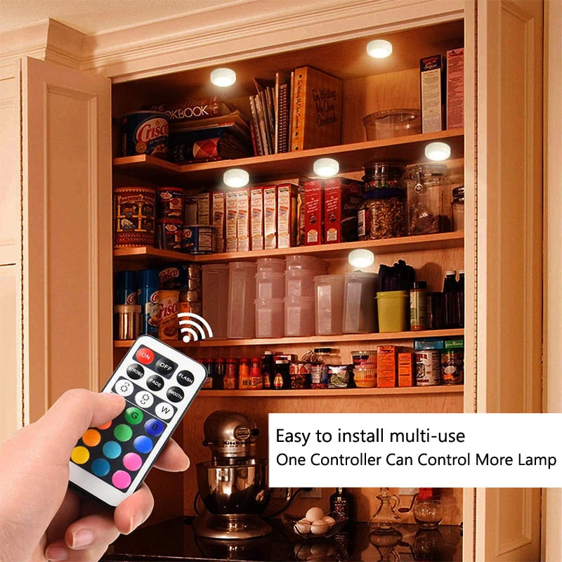 HULIANFU Wireless LED Under Cabinet Light Dimmable Touch Sensor RGB LED Puck Lights For Cupboard Wardrobe Stair Closet Hallway Night Lamp - Deanwangkt