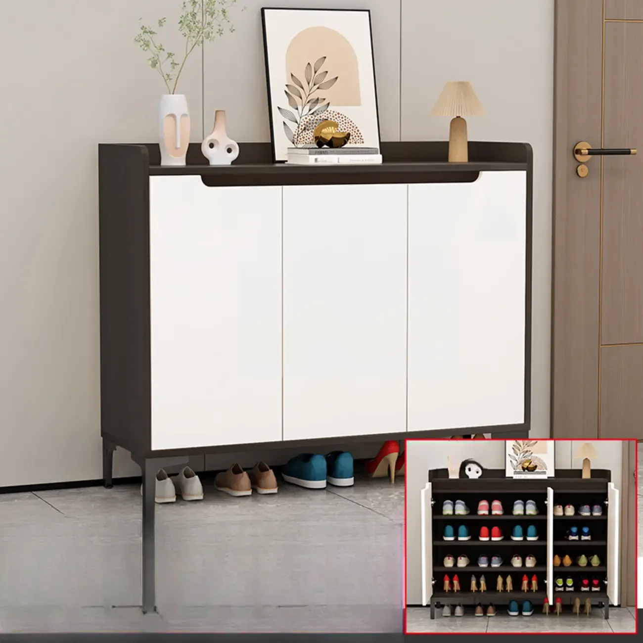 Sleek Milk Cocoa Wood Shoe Cabinet with Display Top