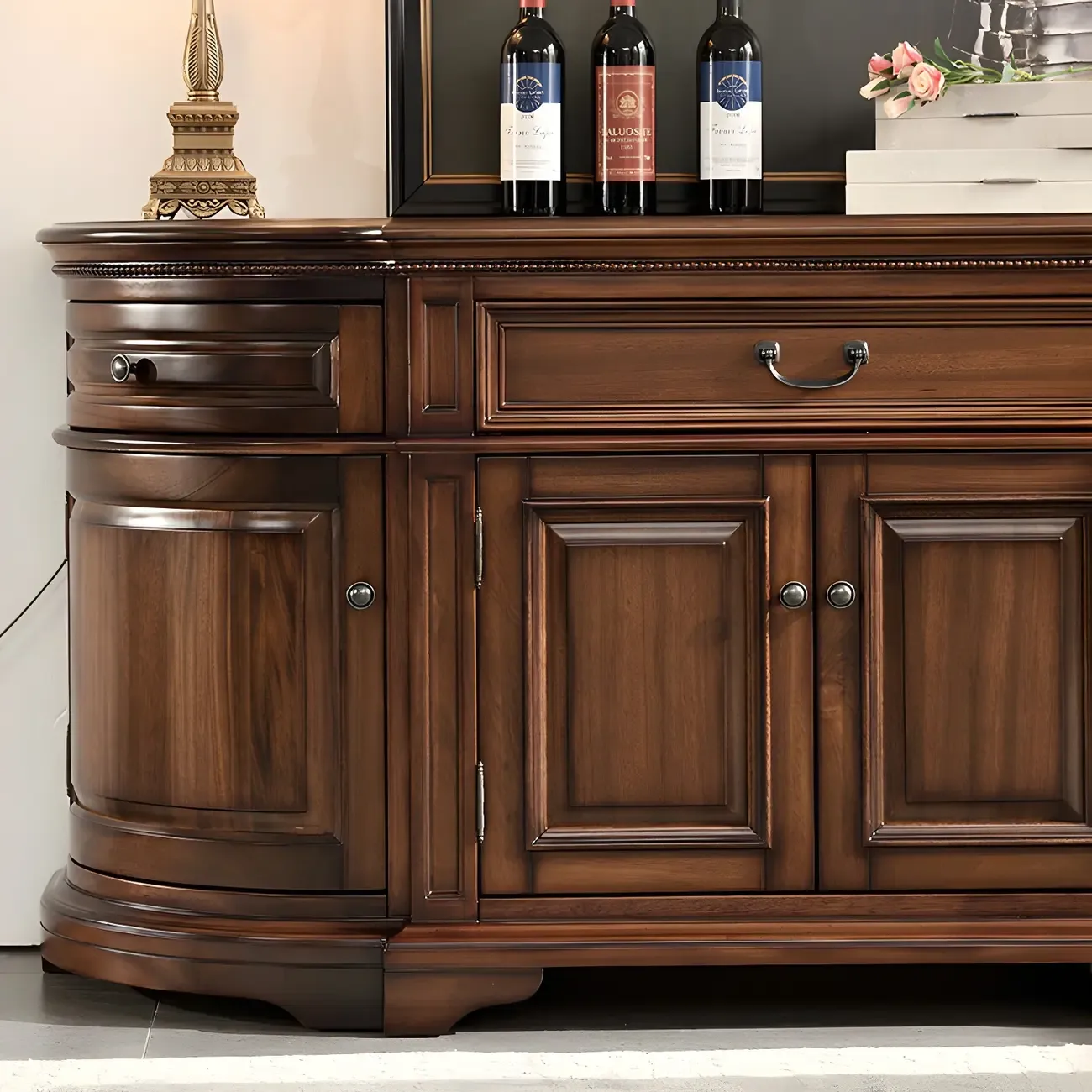 Traditional Brown Wooden Sideboard with Drawers and Cabinets
