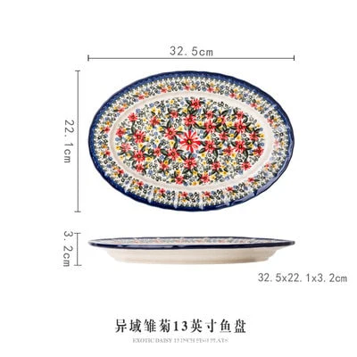HULIANFU Krusoal Retro Ceramic Handle Salad Bowl Household Oven Breakfast Bake Pan Microwave Bohemia Binaural Soup In-glaze Tableware - Deanwangkt