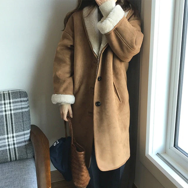 Alien Kitty New Autumn Winter Women Elegant Turn-down Collar Woolen Long Coat Vintage Straight Solid Warm Outwear Loose Coats - Deanwangkt