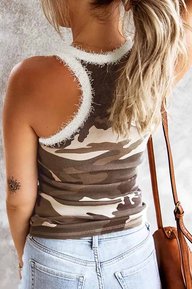 hulianfu Camouflage Stitching Plush Neckline Tops(3 colors) - Deanwangkt