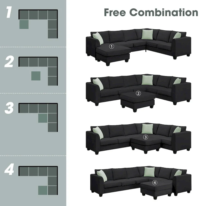 L-Shaped 7-Seats Modular Sectional Sofa with Ottoman with 3 Pillows